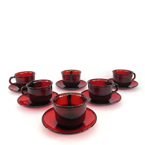 Vintage Classique Ruby Red Glass Cup and Saucer, Set of 6, Arcoroc France, Coffee or Tea Christmas Dinnerware
