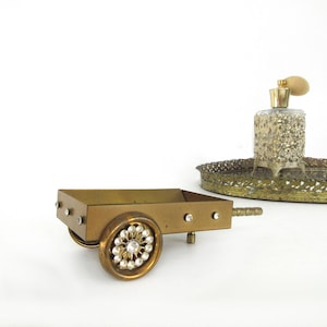 Vintage Brass Jewelry Holder Flower Cart, Boudoir Perfume Display Wheelbarrow, Rhinestone Bling Vanity Decor,