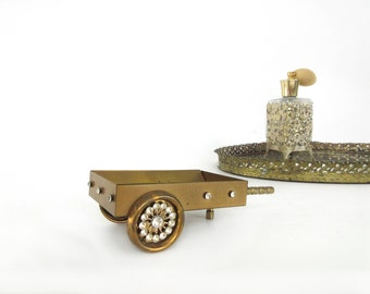 Vintage Brass Jewelry Holder Flower Cart, Boudoir Perfume Display Wheelbarrow, Rhinestone Bling Vanity Decor,