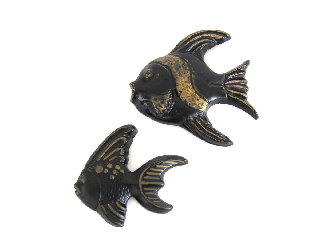 Vintage Fish Wall Plaque Pair Set of 2 Chalkware Black Gold Mid Century ...