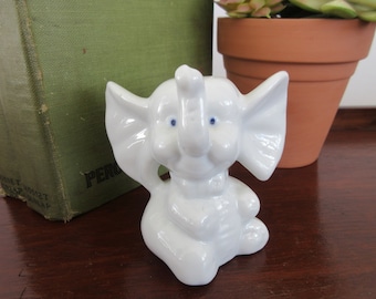 Vintage White Elephant Figurine, Baby Big Ears, Cute Blue Eye Ceramic Figure, Trunk Up