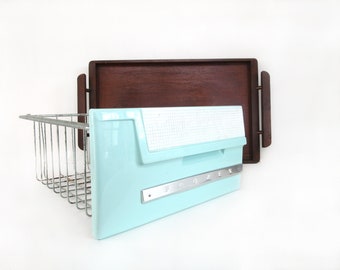 Vintage Refrigerator Frozen Basket, Aqua Blue Silver Freezer Drawer, Mid Century Metal Wire Kitchen Bar Storage