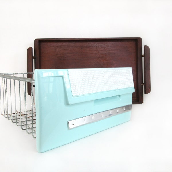 Vintage Refrigerator Frozen Basket, Aqua Blue Silver Freezer Drawer, Mid Century Metal Wire Kitchen Bar Storage