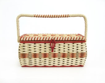 Vintage Woven Sewing Basket with Handle Medium Narrow Rectangle  Made in Japan Metallic