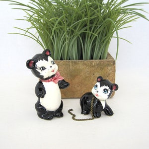 Vintage Ceramic Bear Figurine Set Chained Mother and Baby Cute Mid Century Japan