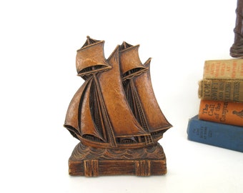 Vintage Syroco Wood Clipper Ship Boat Bookend Nautical Decor Sailing Gift Sailor