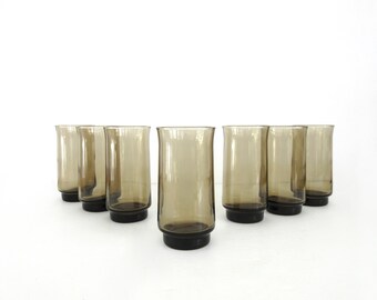 Vintage Glass Tumbler Set of Three, Tall Narrow Cooler Glasses, Libbey Bolero Tawny Brown, 12 Oz Barware