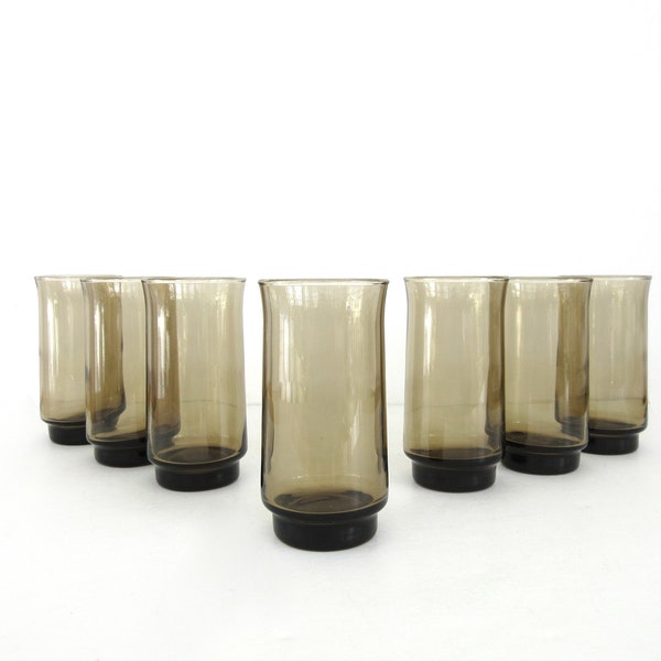 Vintage Glass Tumbler Set of Three, Tall Narrow Cooler Glasses, Libbey Bolero Tawny Brown, 12 Oz Barware