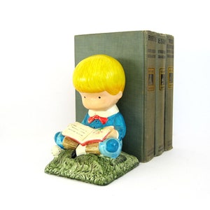 Vintage Ceramic Bookend, Kids Room Decor, Boy Reading a Book, Boy with Baseball, Joan Walsh Anglund Figurine, Children&#39;s Room Decor
