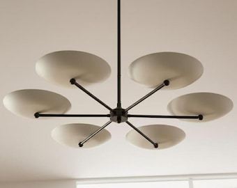 Mid-Century Modern 6-Light Chandelier, Minimalist Black Brass Pendant Light, Large Nordic Dish Ceiling Fixture