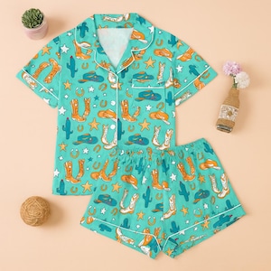 Chique damespyjamaset - schattige cowgirl-pyjama, bruidsmeisjespyjama, tweedelig korte set, cadeau bruidsfeest, leuk damescadeau, gezellige loungewear