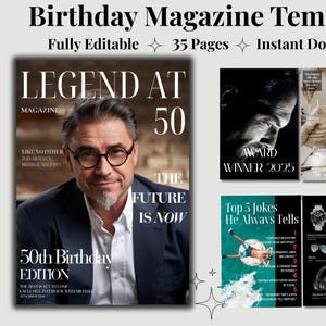以下が含まれることがあります： 「Birthday Magazine Template」という見出しの雑誌テンプレート。表紙にはメガネをかけた男性、テキスト「LEGEND AT 50」、および「50th Birthday Edition」が掲載されています。他のページには「AWARD WINNER 2025」、「Top 5 Jokes He Always Tells」、および「FAVOURITE Gadgets & Gear」が含まれています。