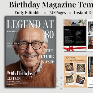 May include: A birthday magazine template with the text "Birthday Magazine Template" and "Fully Editable 30 Pages Instant Download". The cover features a smiling elderly person with glasses. Additional pages include photos and text.