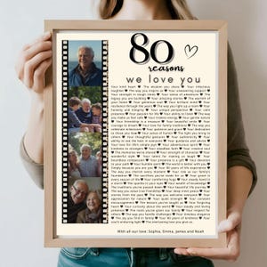 May include: A framed print with the text "80 reasons we love you" and a heart symbol. The print includes family photos in a film strip design. The text lists reasons for love, with a message at the bottom.