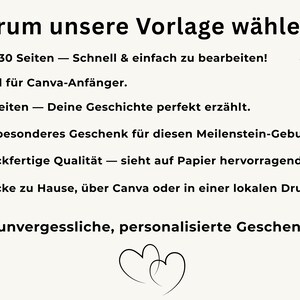 May include: Cream-colored graphic with black text in German, including the title "Warum unsere Vorlage w&auml;hlen?" and bullet points. The text describes a template with 30 pages, perfect for Canva beginners, and a personalized gift.
