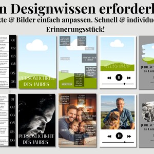 May include: A collection of magazine-style layouts with various images and text, including family photos, portraits, and nature scenes. The layouts feature a clean design with text in German, and a music player interface.