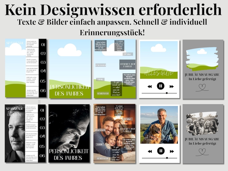 May include: A collection of magazine-style layouts with various images and text, including family photos, portraits, and nature scenes. The layouts feature a clean design with text in German, and a music player interface.