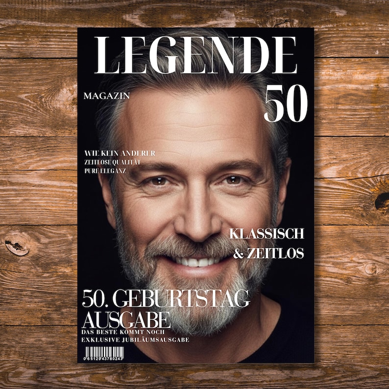 May include: A magazine cover with a portrait of a smiling, middle-aged man with a gray beard. The magazine title is "LEGENDE 50" in large white letters. Additional text includes "MAGAZIN" and "KLASSISCH & ZEITLOS".