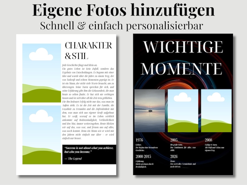May include: Two digital art prints with text in German. One features the words "CHARAKTER & STIL" and the quote "Success is not about what you achieve, but who you become." The other says "WICHTIGE MOMENTE".