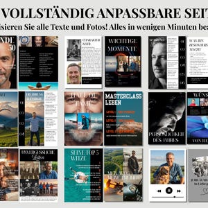 Puede incluir: Un conjunto de 30 plantillas de p&aacute;ginas de revista personalizables con el texto 30 VOLLST&Auml;NDIG ANPASSBARE SEITEN y Personalisieren Sie alle Texte und Fotos! Alles in wenigen Minuten bearbeitbar. Incluye varios dise&ntilde;os con marcadores de posici&oacute;n para fotos, encabezados en blanco y negro y tipograf&iacute;a variada.