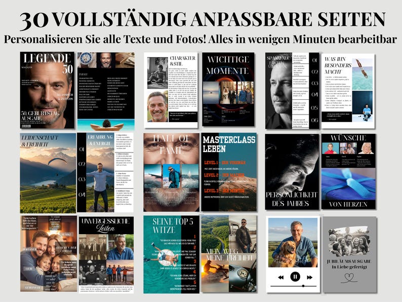 Puede incluir: Un conjunto de 30 plantillas de p&aacute;ginas de revista personalizables con el texto 30 VOLLST&Auml;NDIG ANPASSBARE SEITEN y Personalisieren Sie alle Texte und Fotos! Alles in wenigen Minuten bearbeitbar. Incluye varios dise&ntilde;os con marcadores de posici&oacute;n para fotos, encabezados en blanco y negro y tipograf&iacute;a variada.