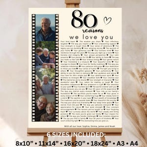 May include: A framed print with the text "80 reasons we love you" and a heart symbol. The print includes family photos and a list of reasons. The sizes included are 8x10", 11x14", 16x20", 18x24", A3, and A4.