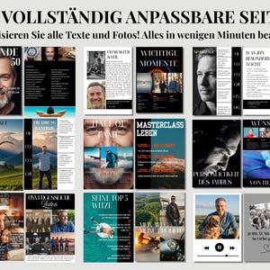 May include: A collection of 15 magazine-style pages with various layouts and images. The pages feature text in German, with headlines like "Legend," "Character," and "Masterclass." The design includes photos and customizable text fields.