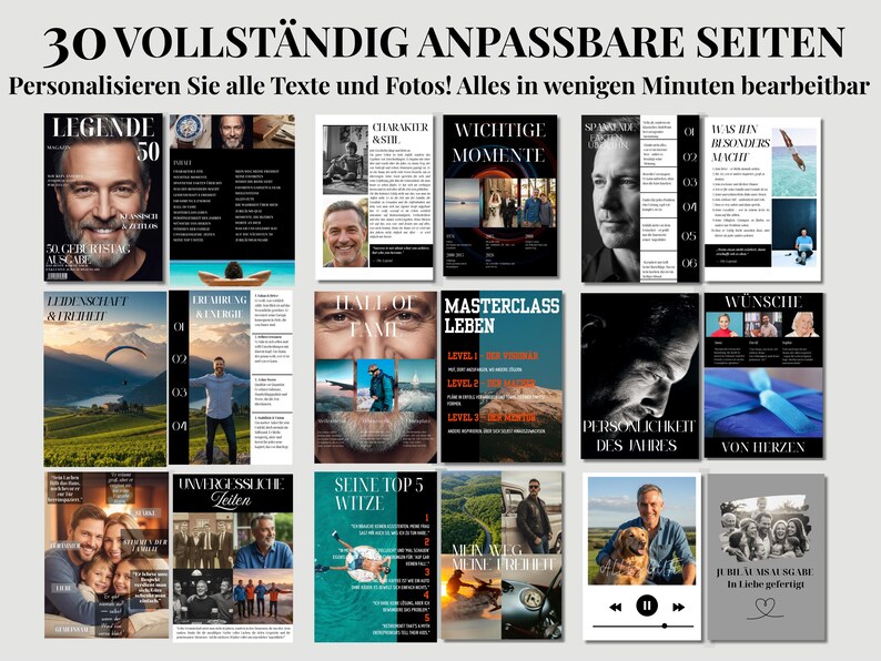 May include: A collection of 15 magazine-style pages with various layouts and images. The pages feature text in German, with headlines like "Legend," "Character," and "Masterclass." The design includes photos and customizable text fields.