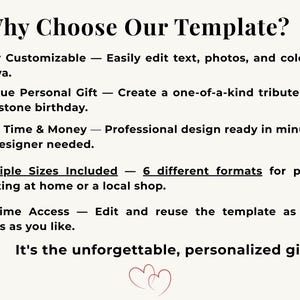 May include: Cream-colored graphic with the text "Why Choose Our Template?" and bullet points detailing customization, unique gifts, time-saving design, multiple sizes, and lifetime access. Includes a heart graphic.