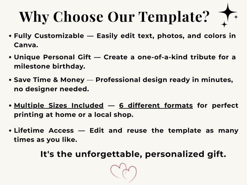 May include: Cream-colored graphic with the text "Why Choose Our Template?" and bullet points detailing customization, unique gifts, time-saving design, multiple sizes, and lifetime access. Includes a heart graphic.