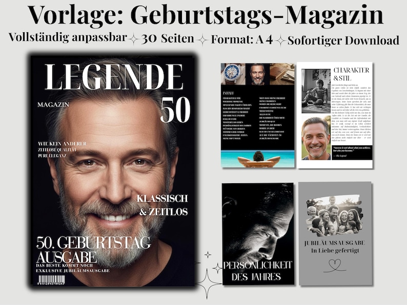 May include: A magazine cover with the headline "LEGENDE 50" and a portrait of a smiling man. Additional pages show text, photos, and the words "50. GEBURTSTAG AUSGABE" and "JUBIL&Auml;UMSAUSGABE". The magazine is customizable and has 30 pages.