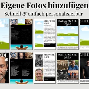 Puede incluir: Una plantilla digital para una revista de 50 cumplea&ntilde;os que incluye varias p&aacute;ginas con marcadores de posici&oacute;n para fotos y texto. El dise&ntilde;o incluye secciones tituladas Legende 50, Charakter & Stil, Unvergessliche Zeiten y Meilensteine con fondos negros.
