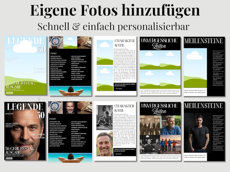 Puede incluir: Una plantilla digital para una revista de 50 cumplea&ntilde;os que incluye varias p&aacute;ginas con marcadores de posici&oacute;n para fotos y texto. El dise&ntilde;o incluye secciones tituladas Legende 50, Charakter & Stil, Unvergessliche Zeiten y Meilensteine con fondos negros.