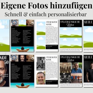 May include: A collection of magazine layouts with various designs. The layouts feature images, text, and a color palette of black, white, green, and blue. The text includes the words "Eigene Fotos hinzuf&uuml;gen" and "Schnell & einfach personalisierbar".