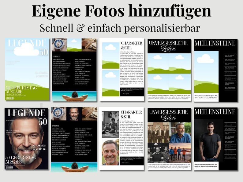 May include: A collection of magazine layouts with various designs. The layouts feature images, text, and a color palette of black, white, green, and blue. The text includes the words "Eigene Fotos hinzuf&uuml;gen" and "Schnell & einfach personalisierbar".