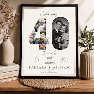 Op de afbeelding: Een ingelijste 40-jarige jubileumprint met een groot cijfer 40 samengesteld uit kleine foto's, een zwart-witportret van een echtpaar en de tekst Celebrating 40 Years of Love, Barbara & William, Married in 1986 en Celebrating 40 Years.