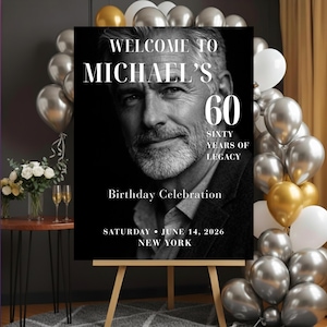 Pode incluir: Uma placa em preto e branco em um cavalete com o texto "WELCOME TO MICHAEL'S 60 SIXTY YEARS OF LEGACY Birthday Celebration SATURDAY • JUNE 14, 2026 NEW YORK". A placa é cercada por balões prateados, dourados e brancos.