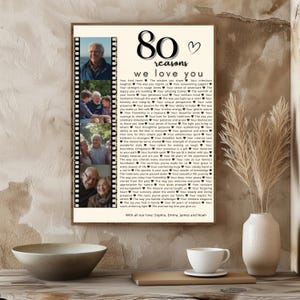 May include: A framed print with the text "80 reasons we love you" and a heart symbol. The print includes family photos in a film strip design. The bottom of the print reads "With all our love: Sophia, Emma, James and Noah."