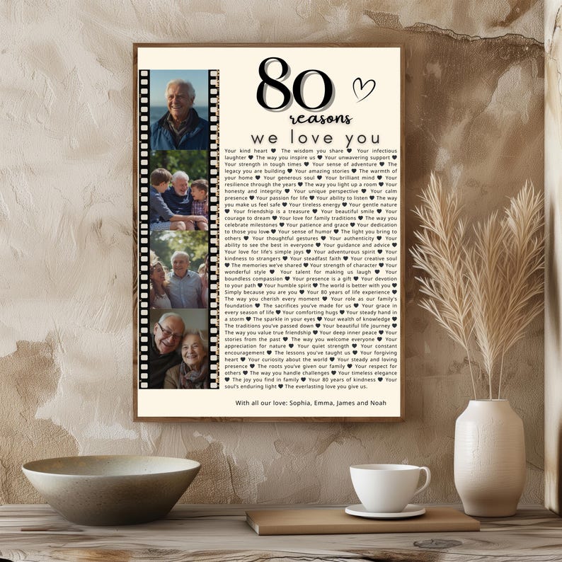 May include: A framed print with the text "80 reasons we love you" and a heart symbol. The print includes family photos in a film strip design. The bottom of the print reads "With all our love: Sophia, Emma, James and Noah."