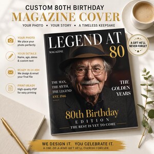 Puede incluir: Una portada de revista personalizada para el 80 cumpleaños con una foto de un hombre mayor con sombrero y gafas. La portada dice "Legend at 80", "The Man, The Myth, The Legend" y "80th Birthday Edition".