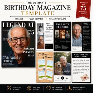 May include: A birthday magazine template with the headline "The Ultimate Birthday Magazine Template." The design includes a magazine cover with a photo of an elderly man, and other pages with photos and text. The text includes "75th Birthday Edition."