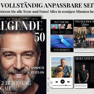 May include: Magazine cover with a man's portrait and the headline "LEGENDE 50". Additional pages showcase photos and text, with the text "30 FULLY CUSTOMIZABLE PAGES" and "Personalize all texts and photos! Edit everything in minutes".