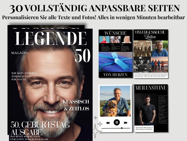 May include: Magazine cover with a man's portrait and the headline "LEGENDE 50". Additional pages showcase photos and text, with the text "30 FULLY CUSTOMIZABLE PAGES" and "Personalize all texts and photos! Edit everything in minutes".