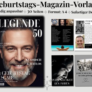 May include: A magazine template with the title "LEGEND 50" featuring a portrait of a man. The design includes additional pages with text and images, and the words "50. BIRTHDAY EDITION" are visible. The template is fully customizable.
