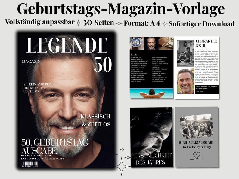 May include: A magazine template with the title "LEGEND 50" featuring a portrait of a man. The design includes additional pages with text and images, and the words "50. BIRTHDAY EDITION" are visible. The template is fully customizable.