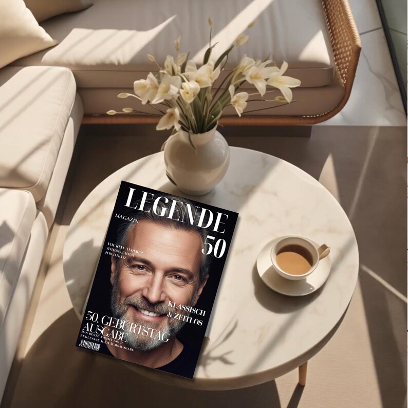 May include: A magazine titled "LEGENDE 50" with a man's portrait on the cover, resting on a white marble table. A cup of coffee and a vase of white flowers are also on the table. The magazine cover has the text "50. GEBURTSTAG AUSGABE".
