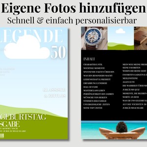 May include: A magazine cover design with the headline "Eigene Fotos hinzuf&uuml;gen" and the text "Schnell & einfach personalisierbar." The cover features a blue sky, a white cloud, and the number 50. The magazine is a 50th birthday edition.