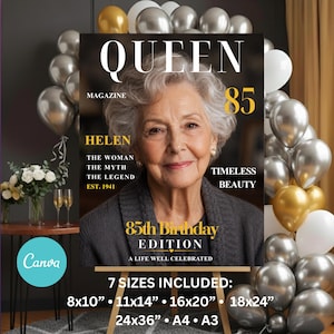 Puede incluir: Un póster rectangular con el retrato de una persona mayor de cabello gris, diseñado como una portada de revista titulada QUEEN MAGAZINE. El texto incluye HELEN, 85, THE WOMAN THE MYTH THE LEGEND, EST. 1941, TIMELESS BEAUTY y 85th Birthday EDITION.