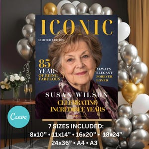Puede incluir: Un póster conmemorativo con el retrato de una persona mayor de cabello castaño, vistiendo una prenda oscura y un pañuelo estampado. El texto dice ICONIC, LIMITED EDITION, 85 YEARS OF BEING FABULOUS, ALWAYS ELEGANT, FOREVER LOVED, SUSAN WILSON, CELEBRATING INCREDIBLE YEARS.