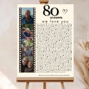May include: A framed print with the text "80 reasons we love you" and a heart symbol. The print includes four black and white photos of a family. The text lists reasons for love, and the bottom reads "With all our love: Sophia, Emma, James and Noah."